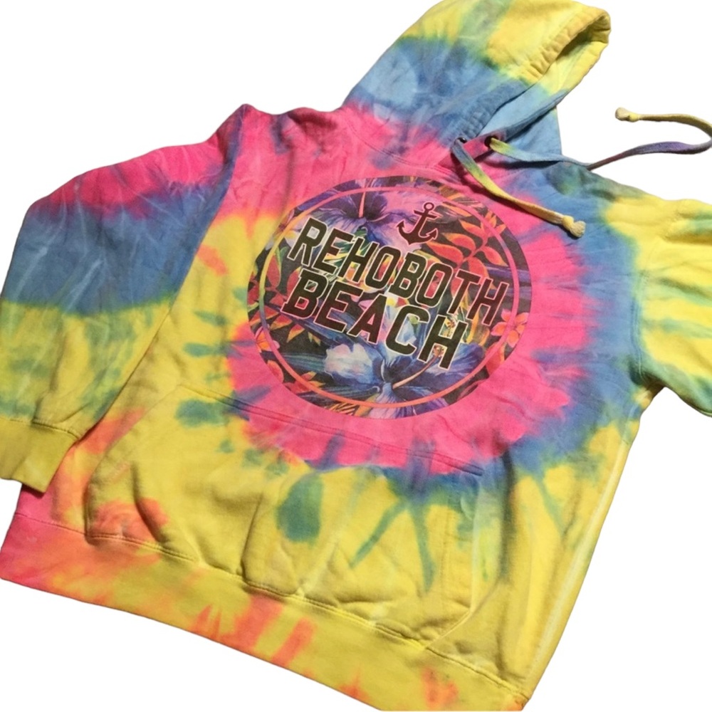 REHOBOTH BEACH sz Small Sweatshirt Tie Dye Long Sleeve Hooded Brightly Colored